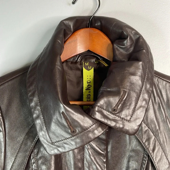 SOIA & KYO Leather Jacket Dark Chocolate Brown Tailored Zip Large Collar Size M - Picture 7 of 13